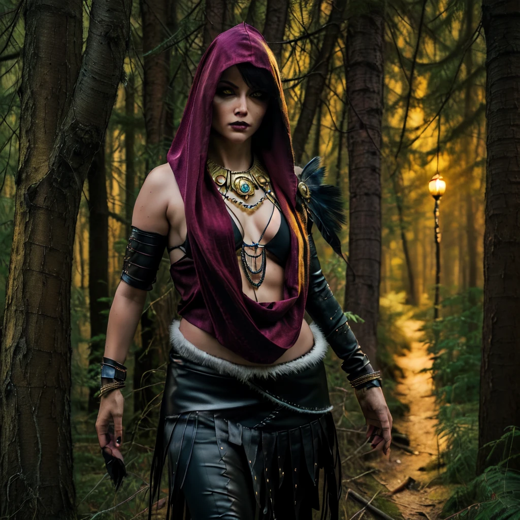 morrigan, realistic, mrgn outfit, mrgn hood, mrgn bra, mrgn necklace, standing in dark forest at night, yellow eyes, (cowboy shot), (insanely detailed, beautiful detailed face, masterpiece, beautiful detailed eyes, best quality) 