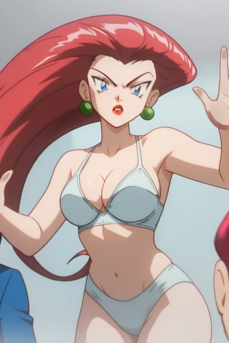 PMJessie Shocked, red hair, long hair, blue eyes, Prominent Neck,  face focus, lipstick, earrings, breasts, wear a white bikini, show full belly complete,  stucked between two glass, stucked,  tall height, triangle tall body, fair skin, face focus, 