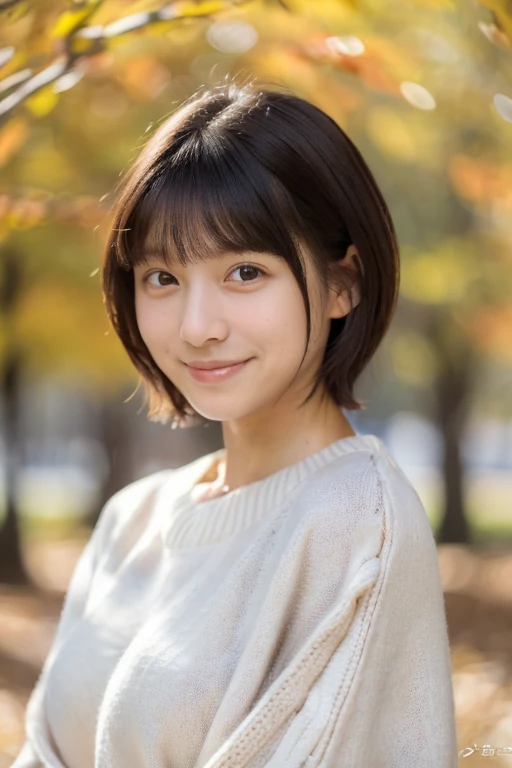 (masterpiece, best quality, perfect anatomy, highres, 8k, realistic, photorealistic, natural skin texture, no makeup:1.2), 1girl, solo, Japanese, age20, jp idol, shy smile, (very cute:1.3), large breasts, shorthair, perfect figure, (oversized plain sweater:1.2), at autumn park, portrait