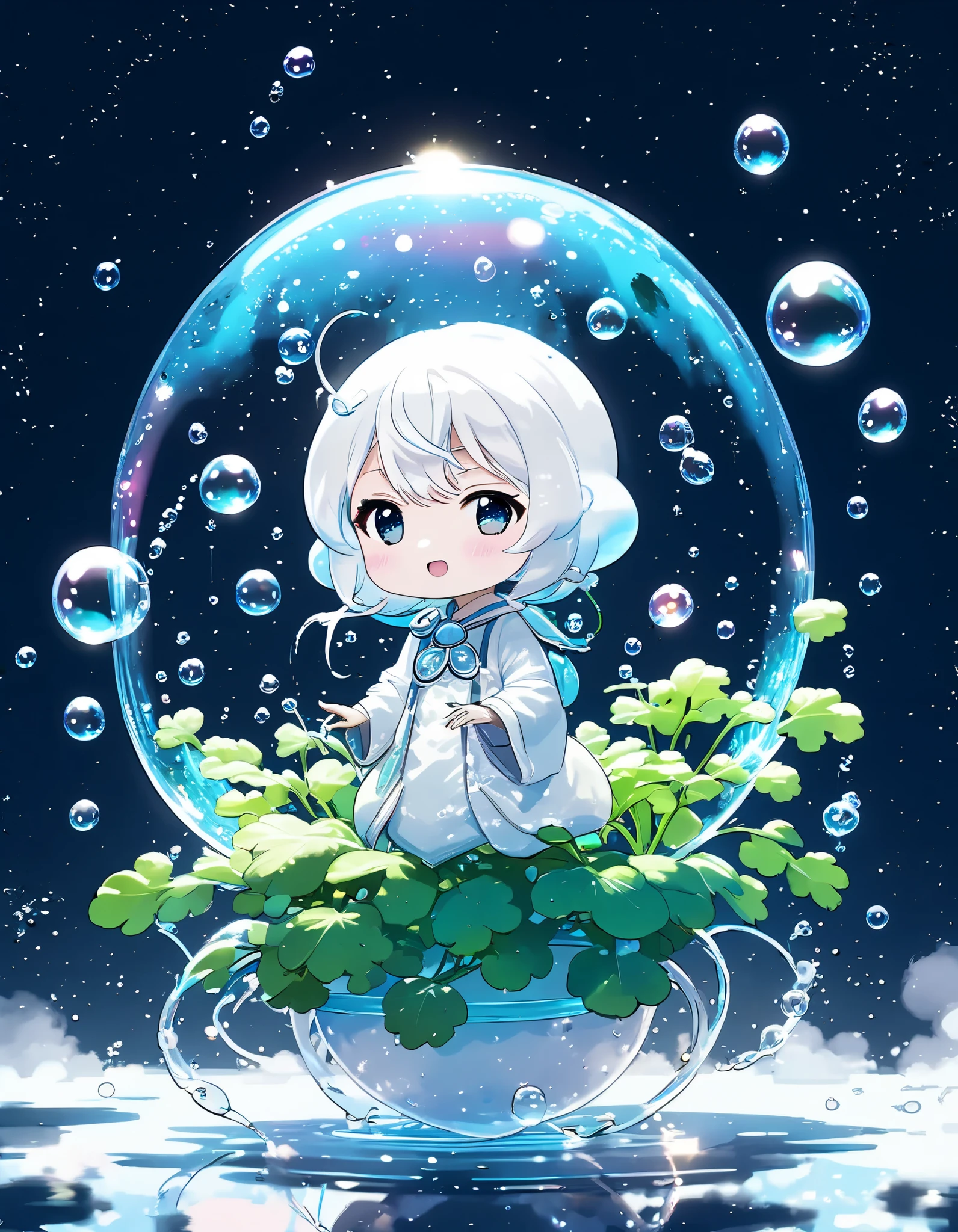 Magic bubbles are falling from the sky and floating in front of you, the bubbles reflect a fantasy world in another dimension, (chibi white radish trapped inside a bubble: 1.5), masterpiece, best quality.
