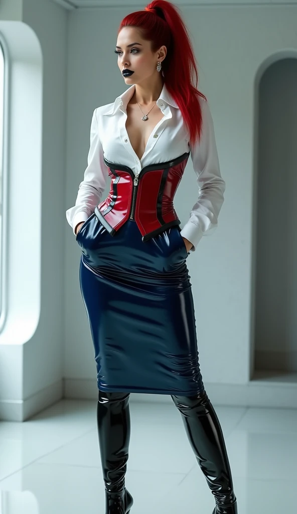Big boobs, red hair, wearing blue silk blouse and black micro skirt, black latex boots, glasses. has a tattoo and mobile in hand