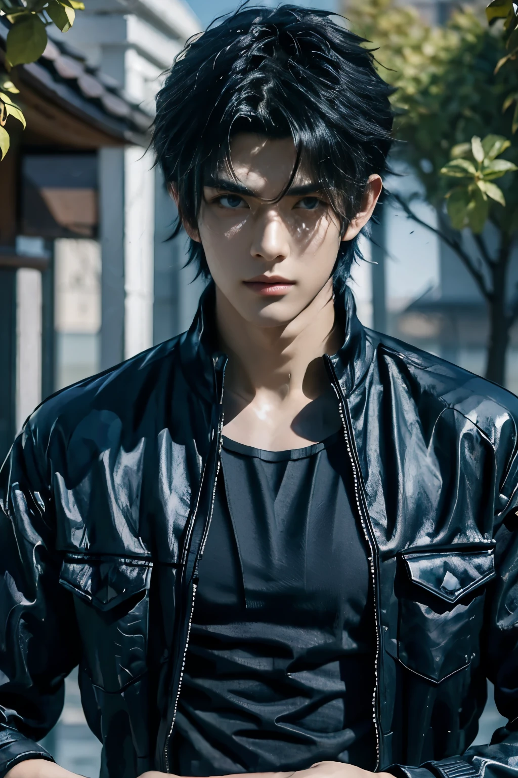 1boy, (masterpiece, realistic, best quality, high resolution), (absurdres, ultra realistic 8k resolution, Highest image quality:1.2), final fantasy xv, noctis lucis caelum, ulzzang boy, young japanese, extremely detailed face, perfect face, cute face, beautiful detailed eyes, beautiful detailed lips, shiny hair, bangs, black jacket, exposed chest, pectorals, abs, slim muscular, handsome muscle, bronze skin, detailed skin, perfect hands, fingerless gloves, black pants, black boots, Excellent body proportions, good anatomy, looking at camera, action scene, dynamic pose, male focus, sunny day, tree, flowers, cinematic composition and lighting, realistic lighting, soft light, full-body shot, front view, Chinese courtyard, (intricate detail, hyper realistic, Professional photography),