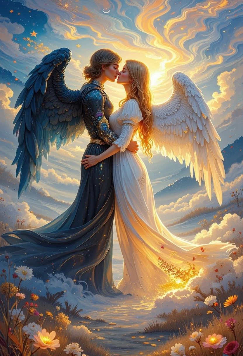 A fantastical oil painting depicting a tender yet powerful kiss between a dark angel and a light angel, embodying bittersweet desire and the acceptance of duality. The scene features dramatic lighting with cold blue tones highlighting the dark angel and warm golden hues illuminating the light angel, emphasizing their contrasting natures. Their intricately detailed feathered wings, textured and almost tangible, extend majestically, creating a striking visual impact. The soft focus on their faces conveys intimacy, while the sharp detail on their wings draws attention to their divine forms. The background is a swirling, smoky celestial realm with ethereal, rich, and deep colors, enhanced by a subtle, otherworldly glow.