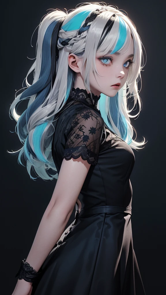  Movie poster featuring a young female zombie as the main character、 (Silver_hair, blue_hair,two-tone_hair:1.4)、( long hair :1.2)、(light blue eyes 1.3)Glare、 Her face has a fixed expression  ,black lace gothic dress、( black simple background 1.4)、Rough, With danger and tension、 Rear shot 、( Short Bang :1.3)、anger