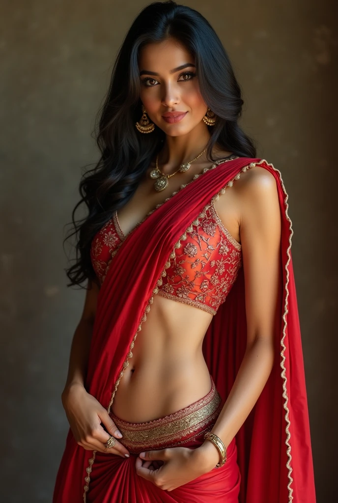 Fit Indian girl wearing saree belly should be visibile and more fit and tall and change face
Change face again nice now make her more sexy more sexy face more dexy aged 30 to 35 make belly visible make more exposed belly button havig 2 abs should be visible 4 abs belly button visible make her a lil big in sizes increase size of  and make her waist a bit more big saree below but only bra no piercing