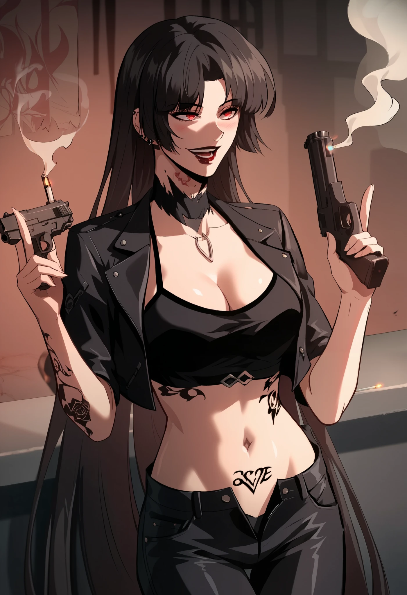 Moebius, red eyes, black hair, very long hair,  large breasts, ear piercing, long hair, blush, lipstick,Hot girl, baddie, smoking, sensual, attractive, masterpiece, best quality, highly detailed, indoors, bar background, inside bar, masterpiece, best quality, highly detailed, a girls with a gun, evil smile , open mouth, sexy gaze, badass
pose , evil smile, smile, (nsfw) not safe for work, guns blazing, anime girl with long hair, beautiful long
haired girl, navel, evil expression, exposed belly, exposed navel, exposed midriff, exposed lower belly,
long black pants, crop top, cleavage, unbuttoned leather pants ,open fly, low rise black leather pants,
leather jacket, holding a gun, holding pistol, tattoo on body, tattoo midriff, rose tattoo, shiny skin