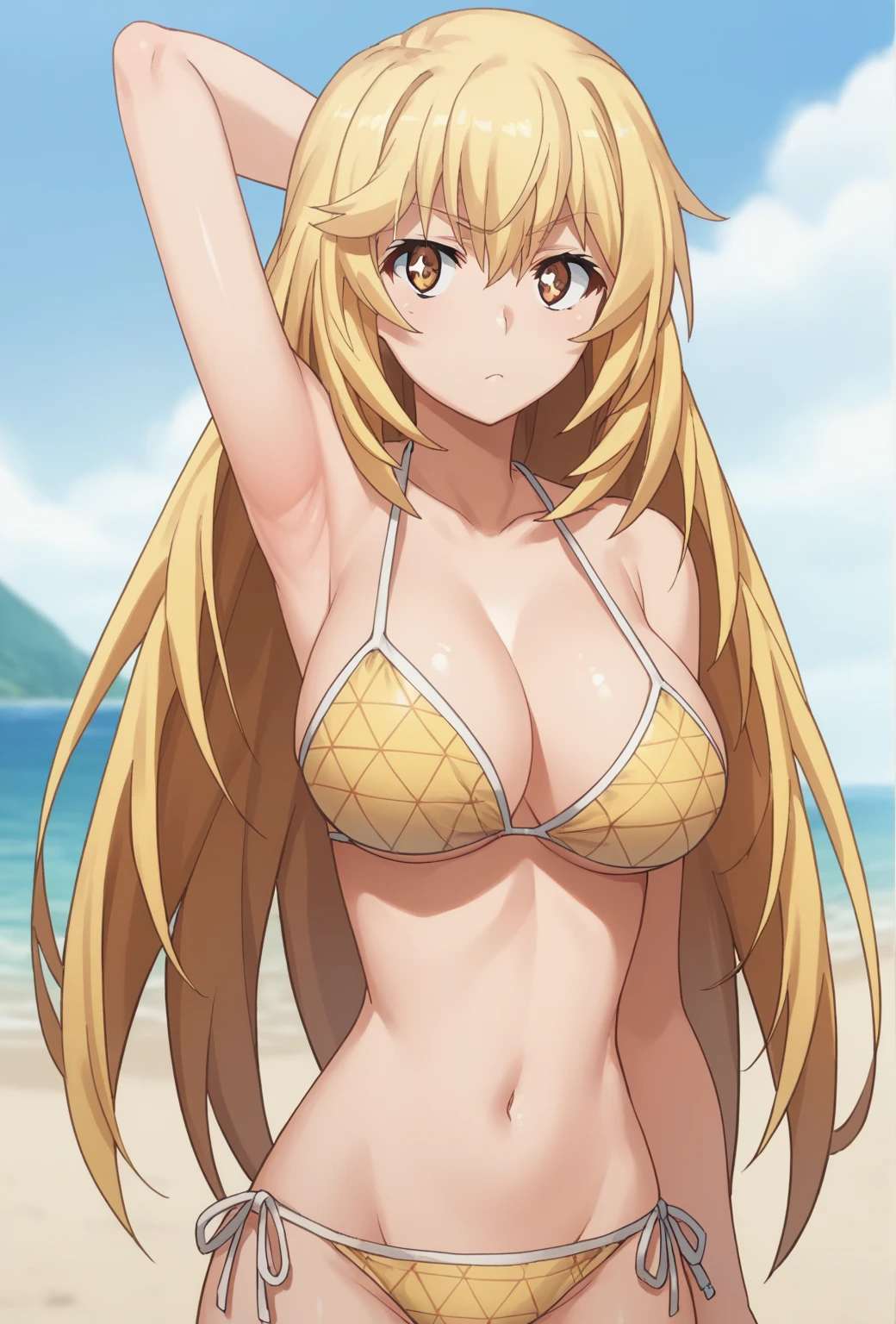 Misaki Shokuhou, large breasts, bikini, triangle bikini, pattern bikini, yellow bikini, shiny skin, one arm behind head, armpit, looking viewer, beach, best quality, ultra-detailed, high resoolution, 8K, detailed background, dynamic moving, detailed face, anime,