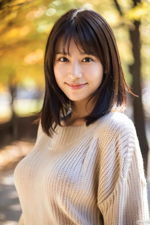 (masterpiece, best quality, perfect anatomy, highres, 8k, realistic, photorealistic, natural skin texture, no makeup:1.2), 1girl, solo, Japanese, age20, tanukigao, shy smile, (very cute:1.3), large breasts, perfect figure, (oversized plain sweater:1.2), at autumn park, portrait