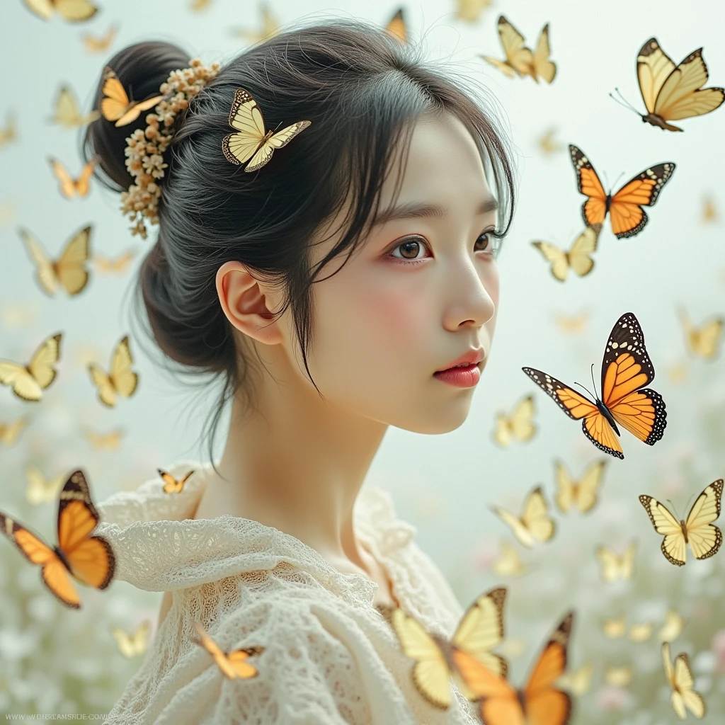 a slender japanese girl,20year old with butterflyes