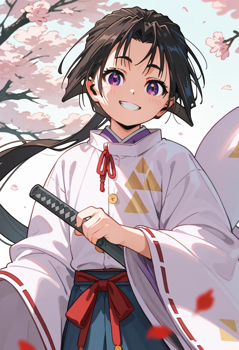 Anime,cute, smaller,Tokiyuki,1 person,Alone,  purple _eye, black_hair, kimono, red_ribbon,red面,smile,white_kimono