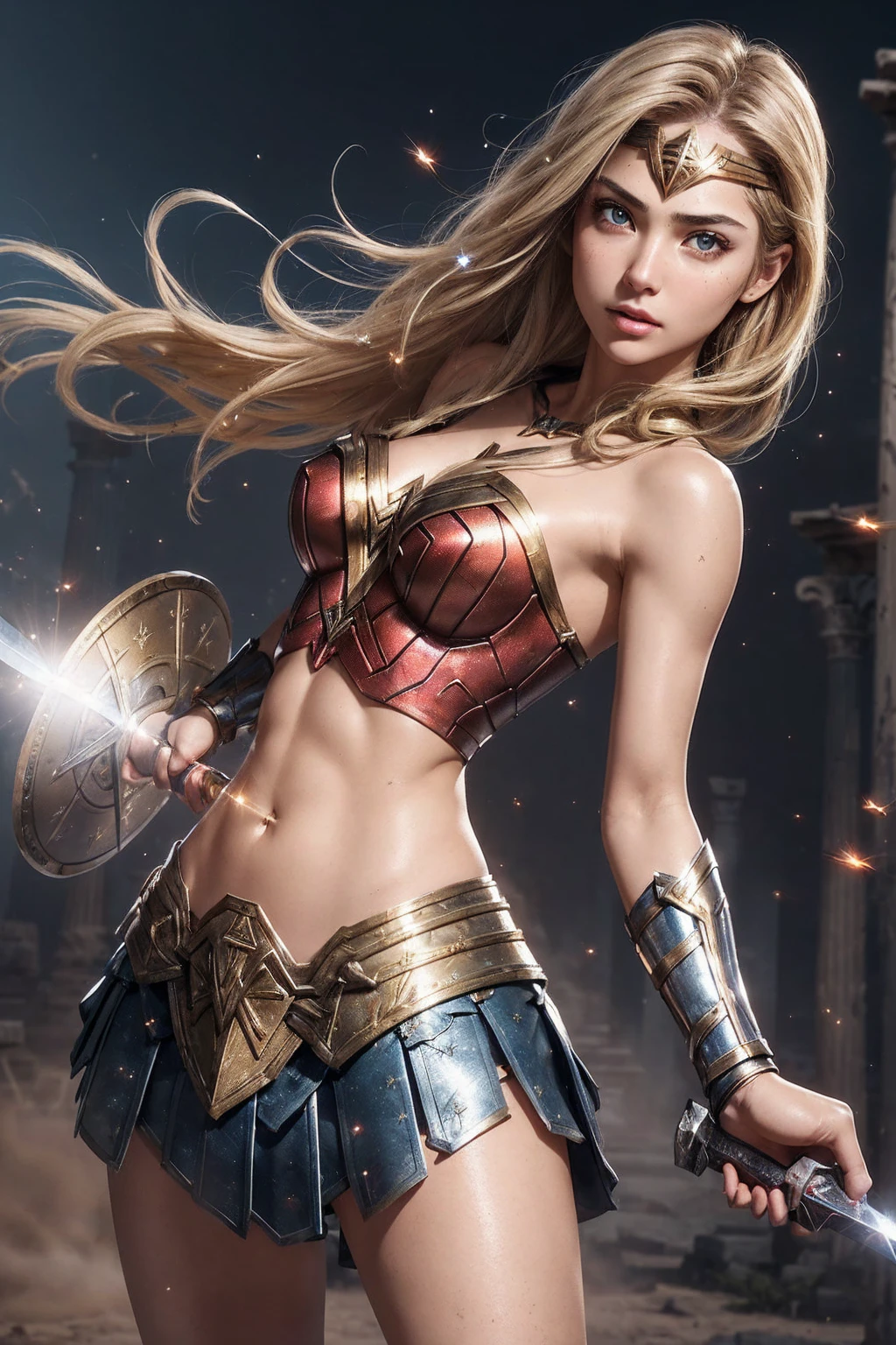 Make a Hermione with a torn bodybuilder's body holding a magic wand, melhor qualidade, ultra realistic, circunstanciado
