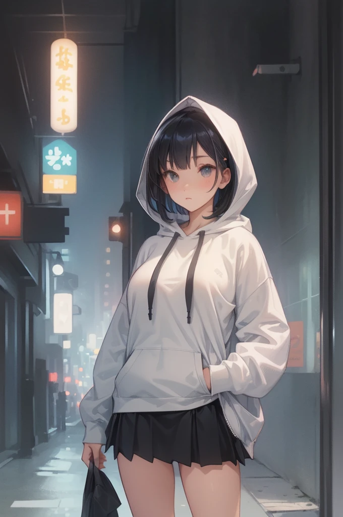 ((standing))、((Big Breasts:1.5、Slender body、High  girl))、(Light Grey Micro Flared Mini Skirt)、(Light Blue Hooded Hoodie )、(( Black Hair Straight Medium Bob:1.3))、Bright city