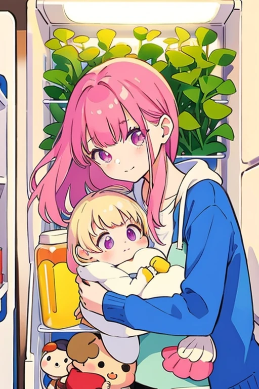 Mother and daughter reading story with pink skin and blue hair 