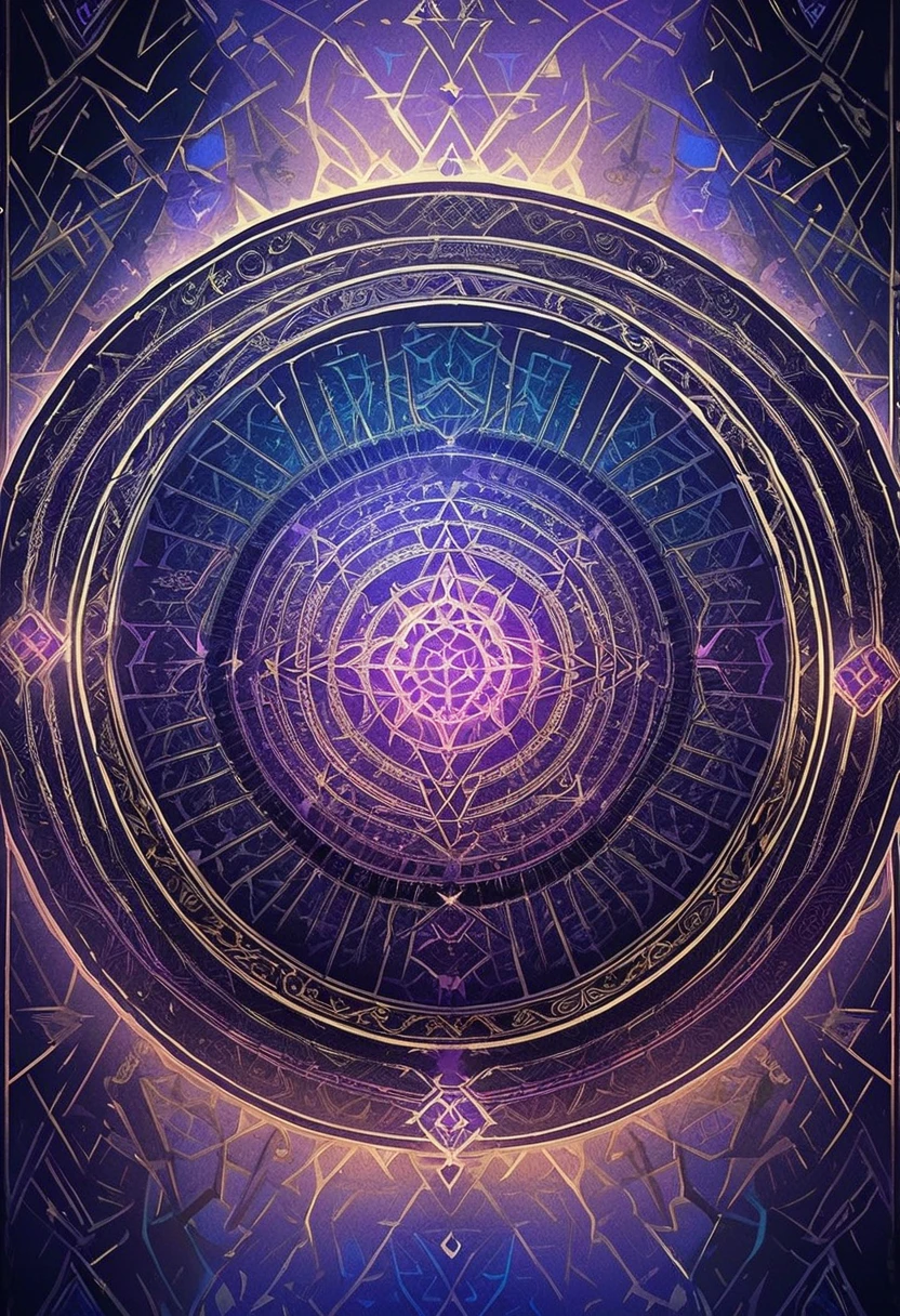 A glowing, intricate magic circle with complex geometric patterns, symbols, and ancient runes. The magic circle is floating in the air, radiating a bright mystical light. The background is dark and atmospheric, emphasizing the magical glow. Include vibrant colors like blue, purple, and gold, with a faint aura around the circle