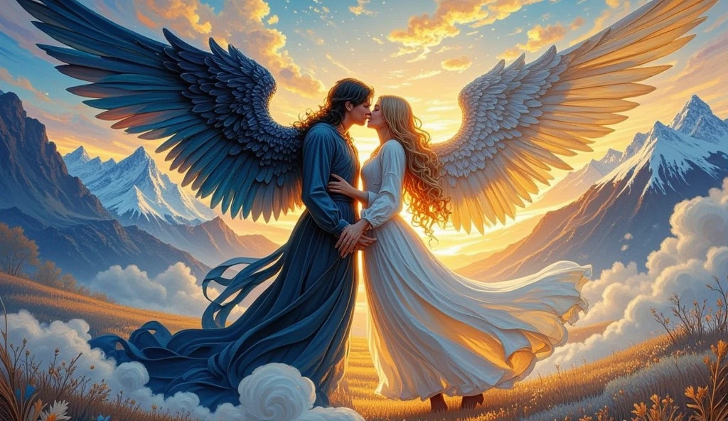 A fantastical oil painting depicting a tender yet powerful kiss between a dark angel and a light angel, embodying bittersweet desire and the acceptance of duality. The scene features dramatic lighting with cold blue tones highlighting the dark angel and warm golden hues illuminating the light angel, emphasizing their contrasting natures. Their intricately detailed feathered wings, textured and almost tangible, extend majestically, creating a striking visual impact. The soft focus on their faces conveys intimacy, while the sharp detail on their wings draws attention to their divine forms. The background is a swirling, smoky celestial realm with ethereal, rich, and deep colors, enhanced by a subtle, otherworldly glow.