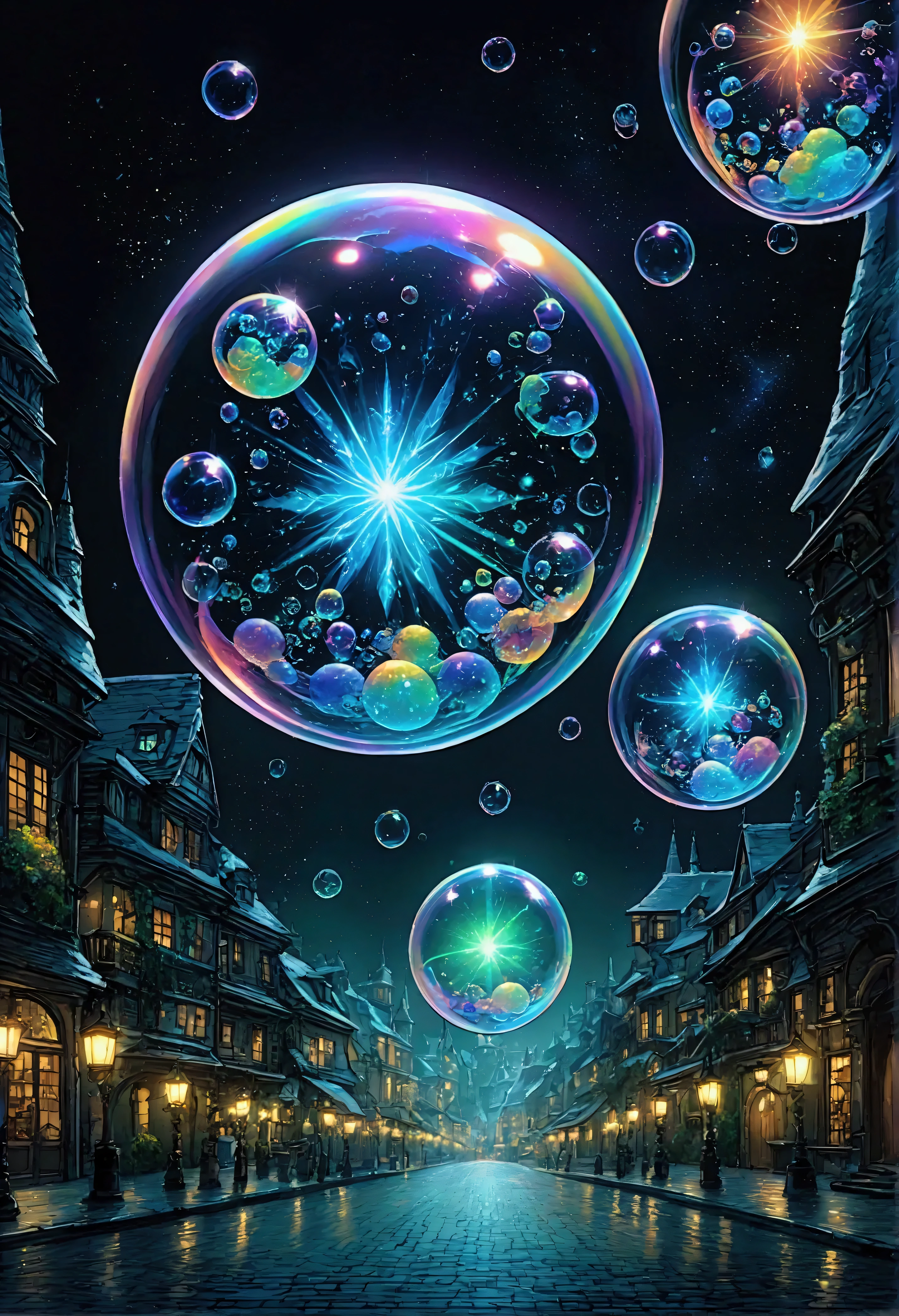 Magical Bubbles:1.5, (hologrammed Magical Bubbles: 1.5), Against the backdrop of a fantasy world., intricate detailed, Masterpieces, best quality