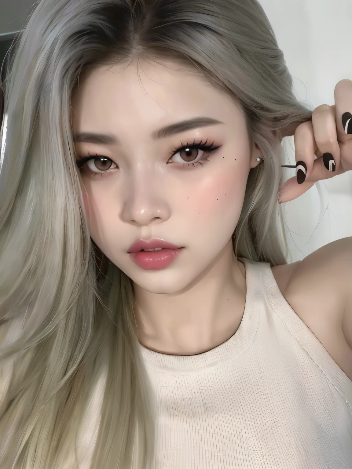 A close-up of a woman with long hair and a white blouse, popular South Korean makeup, popular Korean makeup, ulzzang, Sakimichan, korean girl, Beautiful aesthetic face, roseanne park of blackpink, Clear and high-quality lips, Adorable Korean face, White hime cut hairstyle, Beautiful South Korean woman, cruel korean goth girl, tzuyu twice