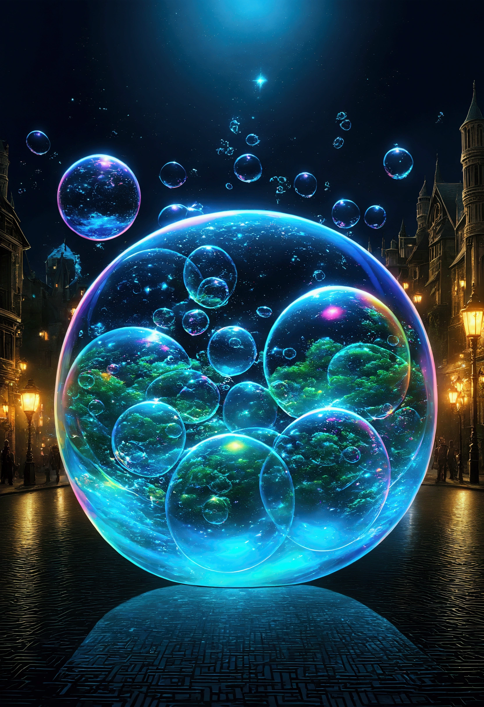 Magical Bubbles:1.5, (hologrammed Magical Bubbles: 1.5), Against the backdrop of a fantasy world., intricate detailed, Masterpieces, best quality