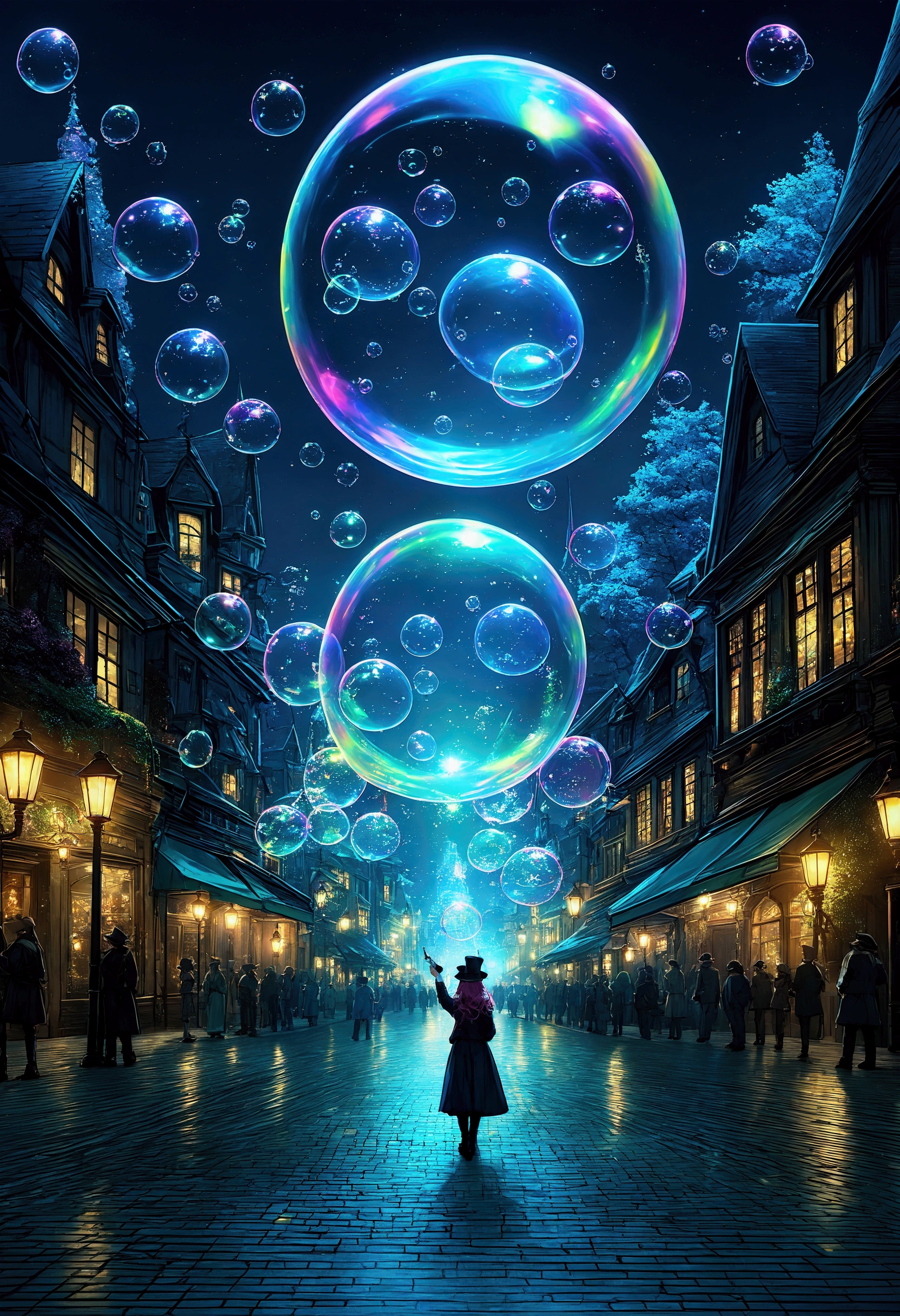 Magical Bubbles:1.5, (hologrammed Magical Bubbles: 1.5), Against the backdrop of a fantasy world., intricate detailed, Masterpieces, best quality