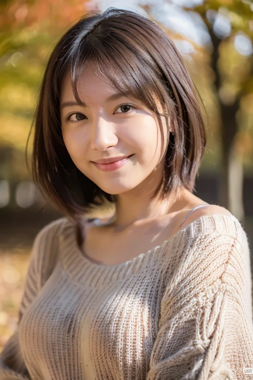 (masterpiece, best quality, perfect anatomy, highres, 8k, realistic, photorealistic, natural skin texture, no makeup:1.2), 1girl, solo, Japanese, age20, tanukigao, shy smile, (very cute:1.3), large breasts, perfect figure, (oversized plain sweater:1.2), at autumn park, portrait