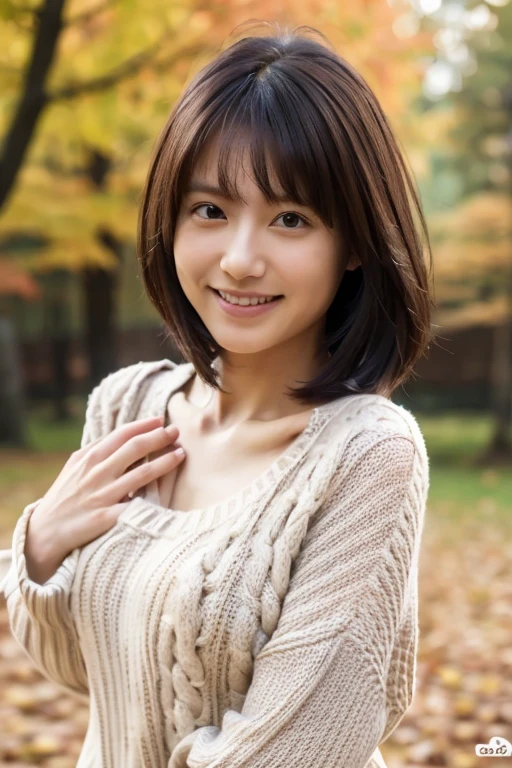 (masterpiece, best quality, perfect anatomy, highres, 8k, realistic, photorealistic, natural skin texture, no makeup:1.2), 1girl, solo, Japanese, age20, tanukigao, shy smile, (very cute:1.3), large breasts, perfect figure, (oversized plain sweater:1.2), at autumn park, portrait