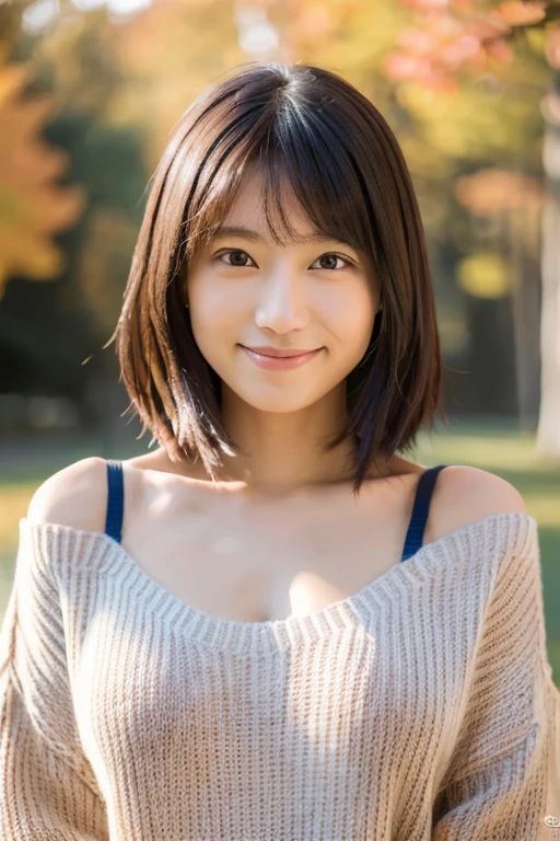 (masterpiece, best quality, perfect anatomy, highres, 8k, realistic, photorealistic, natural skin texture, no makeup:1.2), 1girl, solo, Japanese, age20, tanukigao, shy smile, (very cute:1.3), large breasts, perfect figure, (oversized plain sweater:1.2), at autumn park, portrait