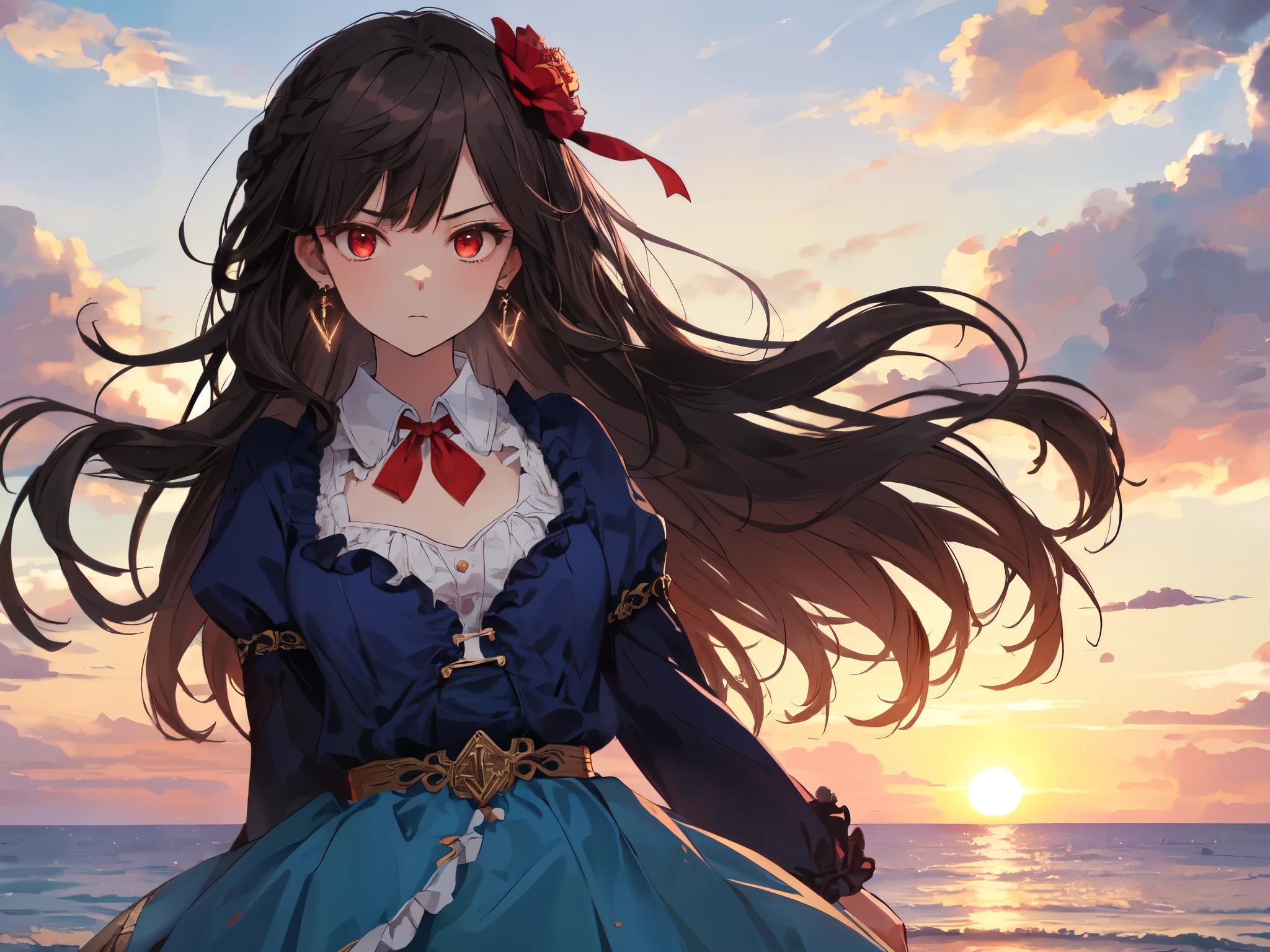 Solo, 1 Girl, (Human Ears, Earrings), (Red Eyes, Body Type, Flat Chest), (Dark Hair, Long Hair, Hair Tied at the Back of Head with a Big Red Ribbon, Flower in Front), (Serious Expression), (Laying Face on Air Mattress, Hands on Head, Looking at Camera), (Ruffled Light Blue Dress, Ruffled Long Sleeves, Ruffled Blue Skirt), (Sunset Sky, Sunset Sun, Evening Sky, Beachside), (Focus on Chest, Oblique Angle), (High Resolution, Masterpiece, Accurate, Anatomically Correct, Multiple Awards, Top Quality, Detailed, High Quality Model, High Quality, Quality, Retina, Highly Detailed, Textured Skin, Ultra High Resolution).