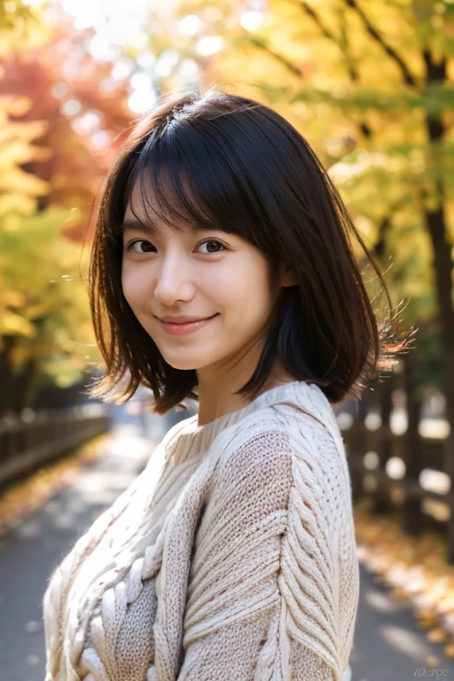 (masterpiece, best quality, perfect anatomy, highres, 8k, realistic, photorealistic, natural skin texture, no makeup:1.2), 1girl, solo, Japanese, age20, tanukigao, shy smile, (very cute:1.3), large breasts, perfect figure, (oversized plain sweater:1.2), at autumn park, portrait