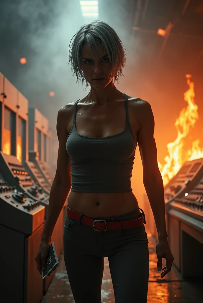  40-year-old female,  gray hair,  wearing sleeveless gray tights, red belt, in a burning control room ,  holding a deck , wet skin, angry look, realistic, (Camaleote:1.3)