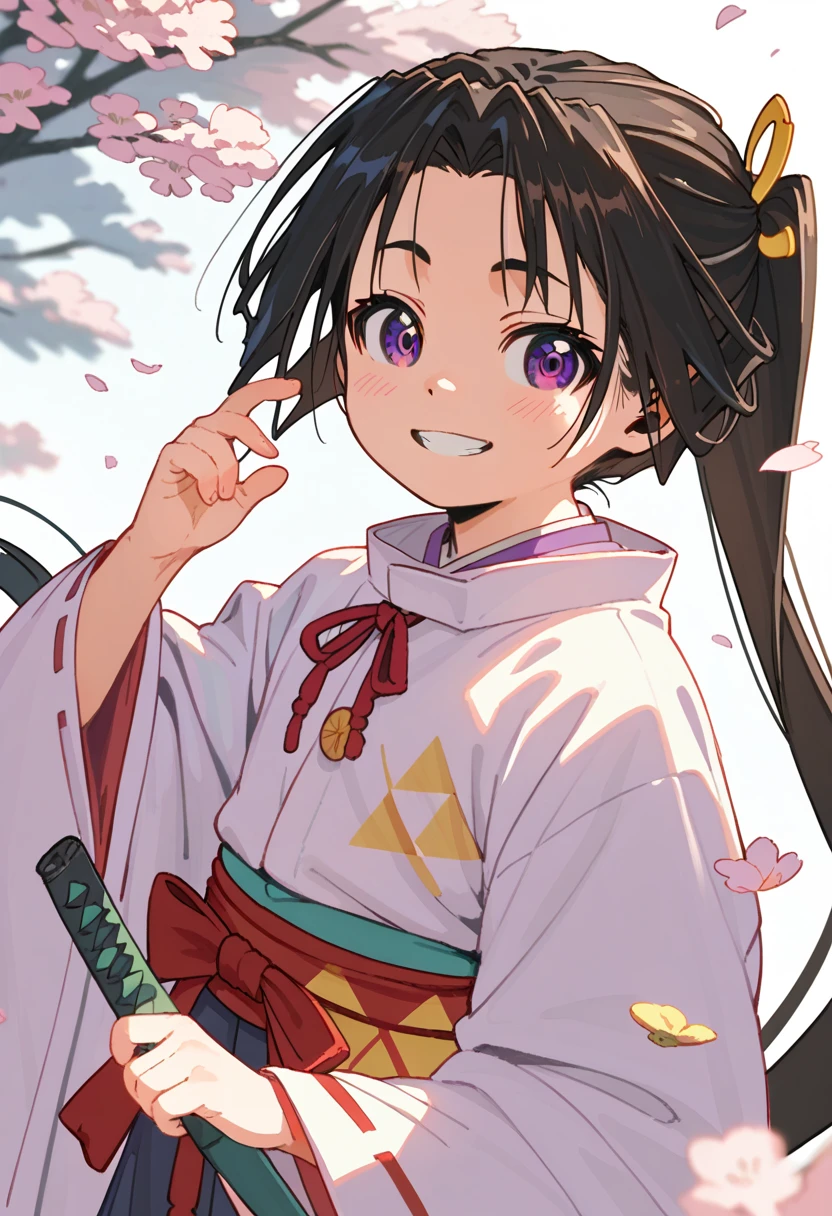 Anime,cute, smaller,Tokiyuki,1 person,Alone,  purple _eye, black_hair, kimono, red_ribbon,red面,smile,white_kimono