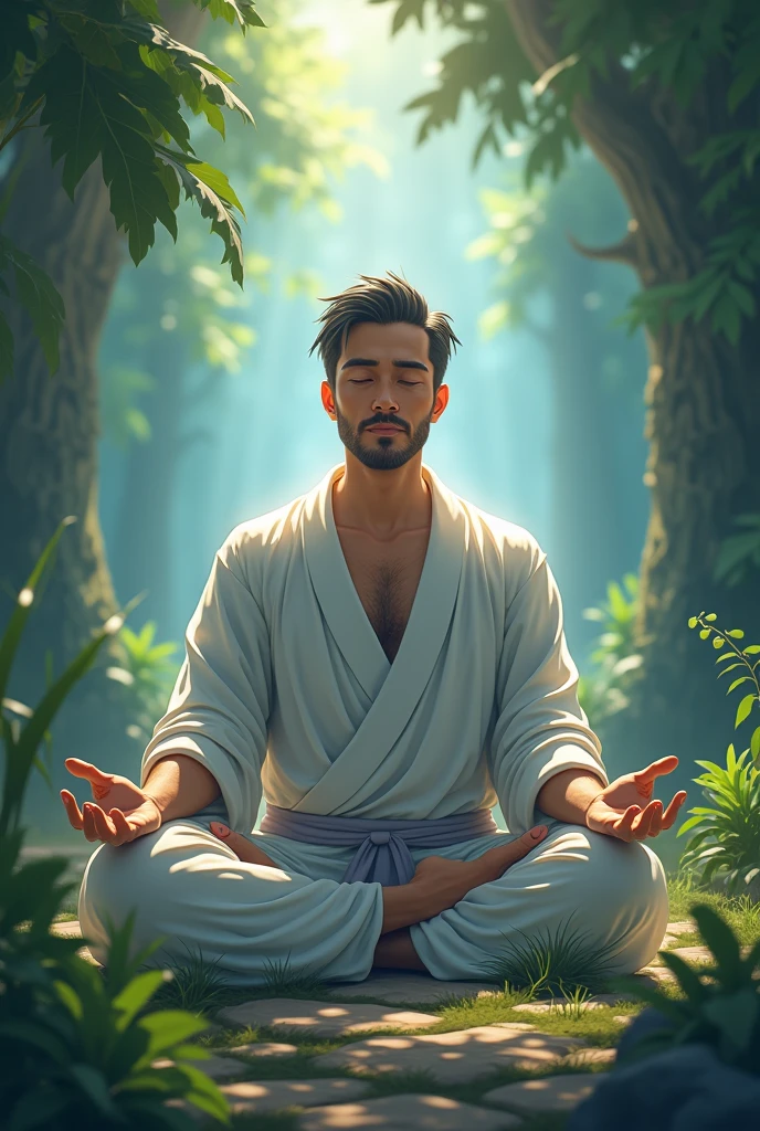illustration that evoke stoicism men from 25 years old, shirtless, barefoot, strong, slim body Importance of Reason Style: Scientific realism, with a focus on detail and precision. Color palette: Cool, neutral tones (navy blue, gray, white) to convey clarity and objectivity. Expression: A relaxed face, with eyes closed and a slight smile on the lips. Hands resting on the lap, complete relaxation. Setting: A bamboo forest with dappled sunl