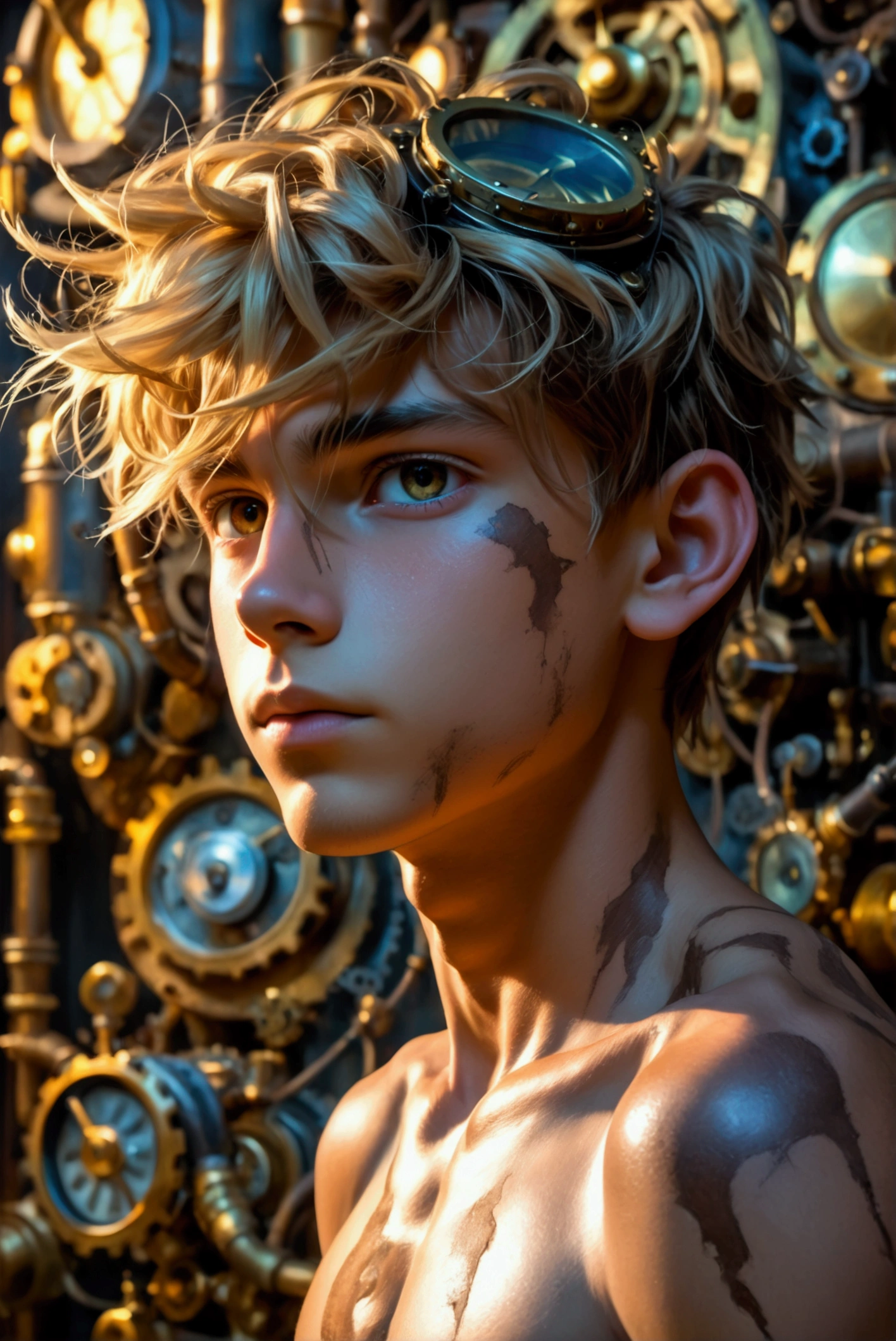 lomo portrait of a shirtless 1boy wearing orange hip shorts and an nice t-shirt, reparing a robot, cute face, solar punk, intricate technology, oil painting by Carl Spitzweg, science fiction water color