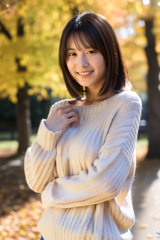 (masterpiece, best quality, perfect anatomy, highres, 8k, realistic, photorealistic, natural skin texture, no makeup:1.2), 1girl, solo, Japanese, age20, tanukigao, shy smile, (very cute:1.3), large breasts, perfect figure, (oversized plain sweater:1.2), at autumn park, portrait