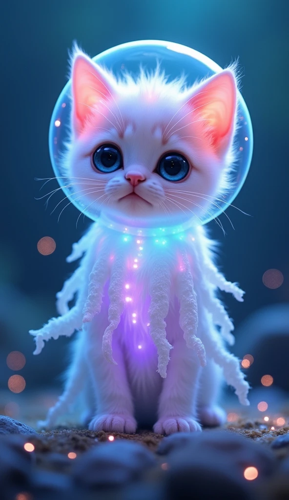 a Glowing Jellykitten, a whimsical hybrid of a kitten and a jellyfish. The Jellykitten wearing a translucent magical bubble helmet, it has a translucent, jelly-like body with soft pastel hues of pink, blue, and lavender glowing gently from within. Its head is round and adorable with large, expressive eyes that shimmer with curiosity and cuteness. Jelly-like tentacles flow gracefully from its lower body, glowing softly and trailing faint, sparkling light particles. Its small, translucent ears glow faintly at the tips, and its tiny paws give the illusion of floating in midair. The background is a dreamy underwater scene, filled with soft, diffused lighting and a scattering of glowing bubbles, giving a magical and serene atmosphere. The image should be oriented vertically, with the Jellykitten’s head at the top and its tentacles and paws extending toward the bottom, emphasizing its floating, otherworldly grace.