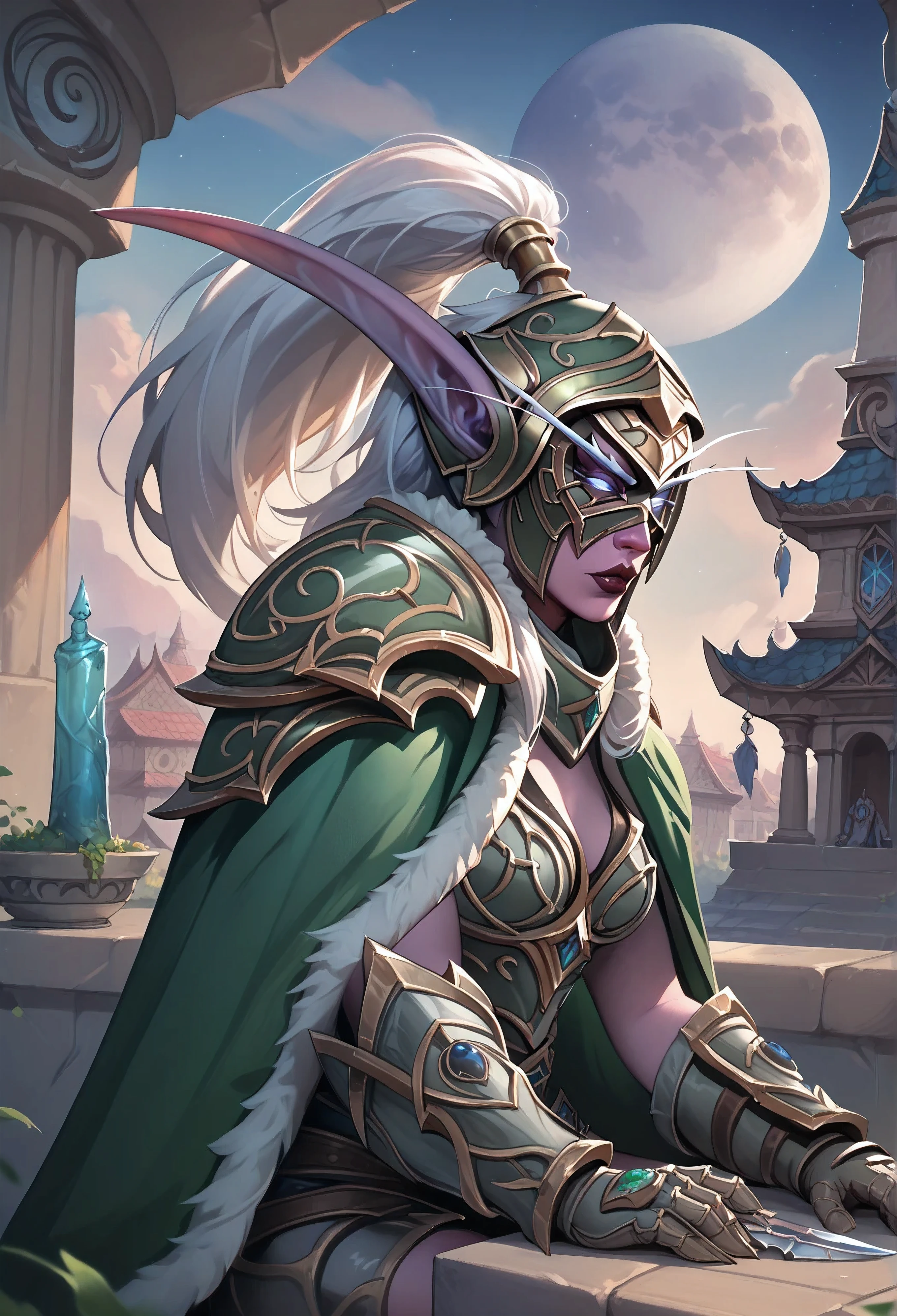 Ultra quality, 1girl, Maievxl, Night elf, white eyes, green cloak, helmet, mask, fur trim, white hair, ponytail, upper body, shoulder armor, gloves, armor, sitting on the roof of a temple, marble temple, moon in the background, dagger in hand, vial of poisons nearby,