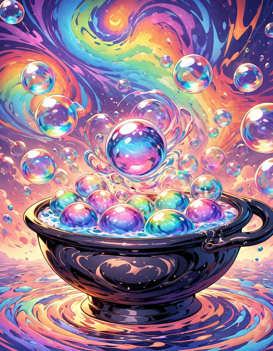 Marbling Art. magical glow soap bubble with iridescent, Reflections on Soap Bubbles with iridescent. 1 witch, Magical soap bubbles coming out of a mysterious magic cauldron of bubbling potion. Colorful Abstract Swirling background