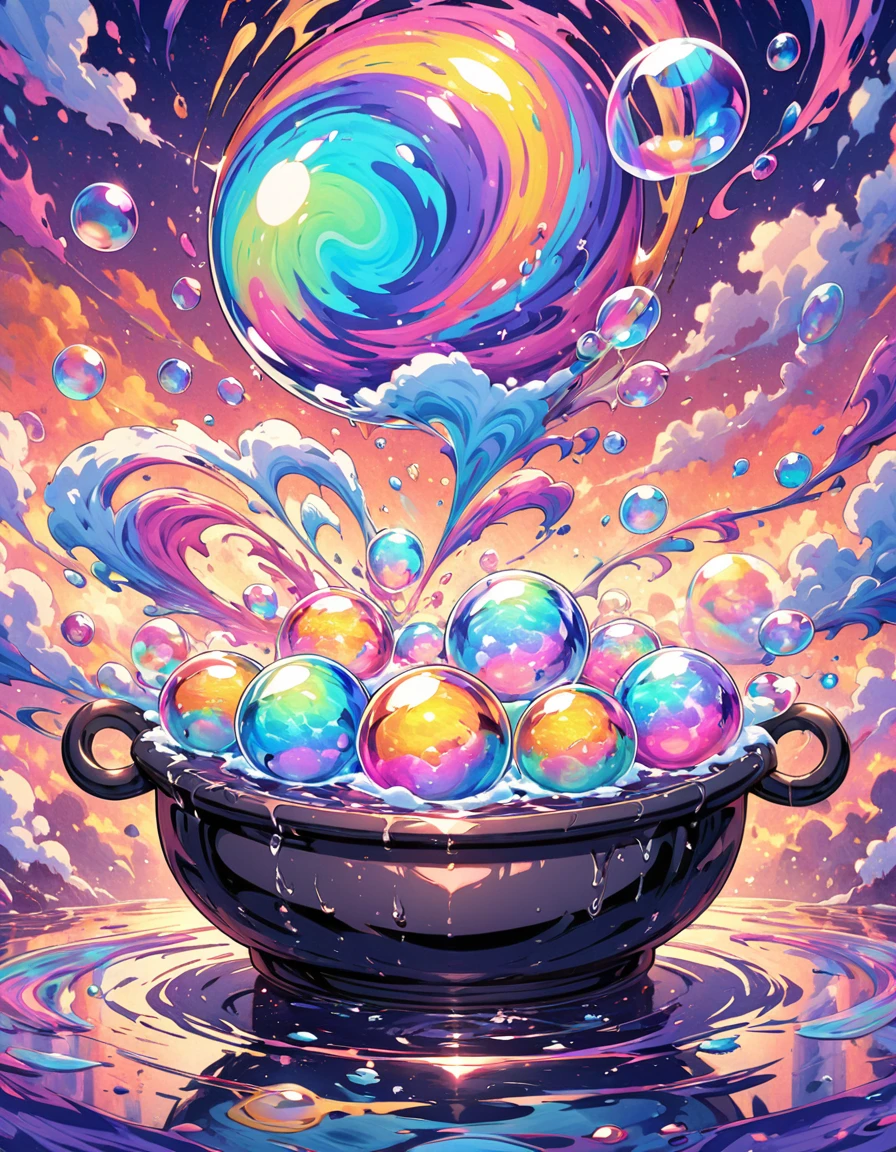 Marbling Art. magical glow soap bubble with iridescent, Reflections on Soap Bubbles with iridescent. 1 witch, Magical soap bubbles coming out of a mysterious magic cauldron of bubbling potion. Colorful Abstract Swirling background