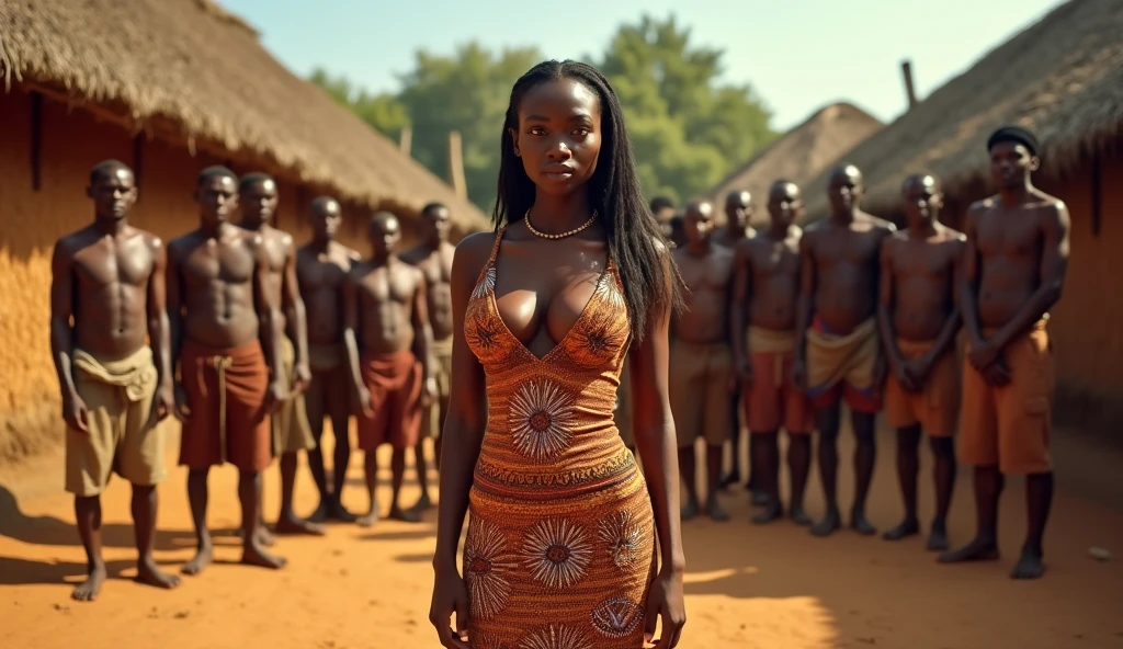 an African mermaid very big naked breasts and blue eyes crying in a village filled with villages