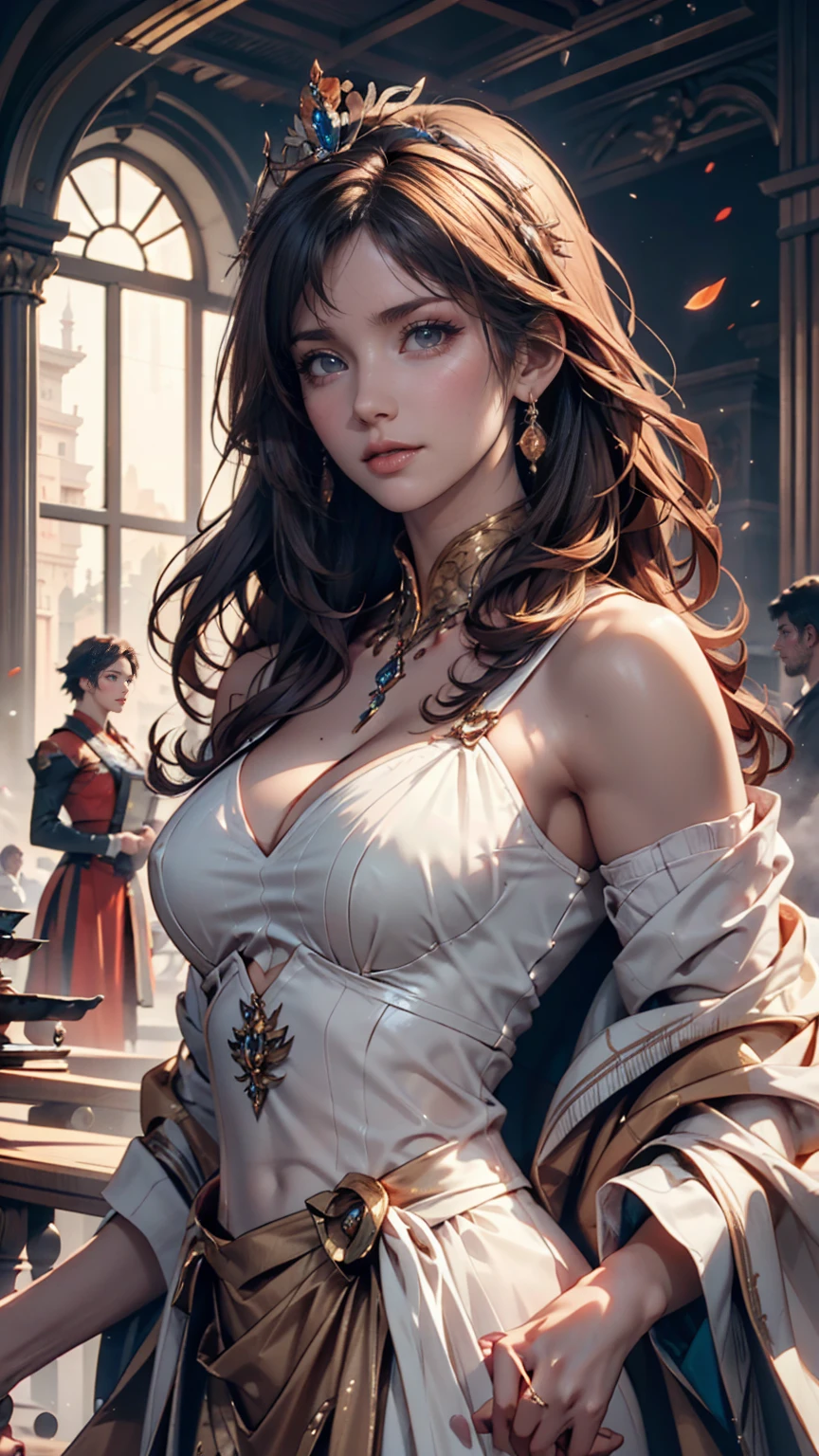 Waist shot of a female elf, Complex, Narrow Face, elegant, Wearing a sapphire necklace, White lightweight dress with straps, To the camera, Very detailed, Digital Painting, Art Station, Concept Art, Smooth, Sharp focus, figure, Artgerm、Greg Rutkowski、Art by Alphonse Mucha, 8k, Volumetric Fog, bloom, light, lumen, Crank blur