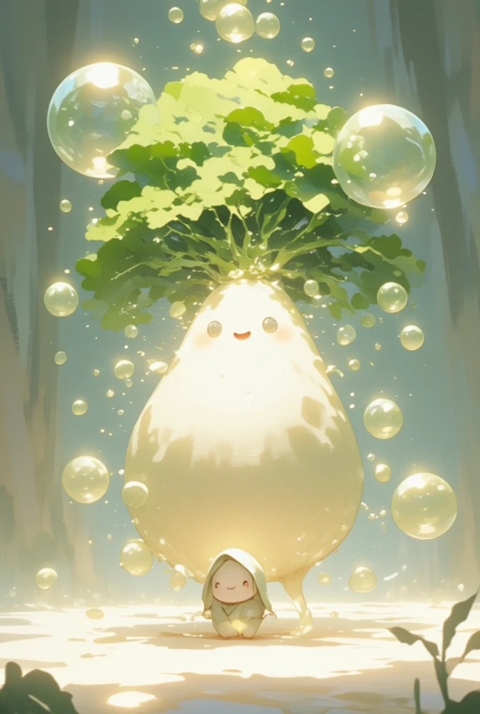 Detailed Fantasy art, Countless Cute daikon characters in magical bubbles are floating in the air. transparent daikon, transparent body, transparent characters, magic bubbles texture. The surface reflection of the magic bubbles is beautiful and fantastic.