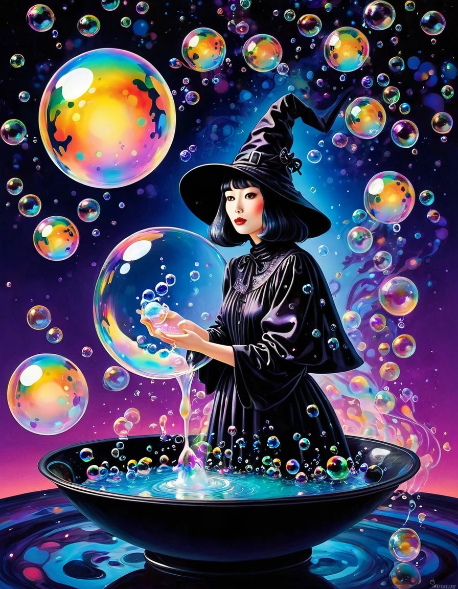 Marbling Art. magical glow soap bubble with iridescent, Reflections on Soap Bubbles with iridescent. Yayoi Kusama dressed as a witch's, Magical soap bubbles coming out of a mysterious magic cauldron of bubbling potion. Colorful Abstract Swirling background