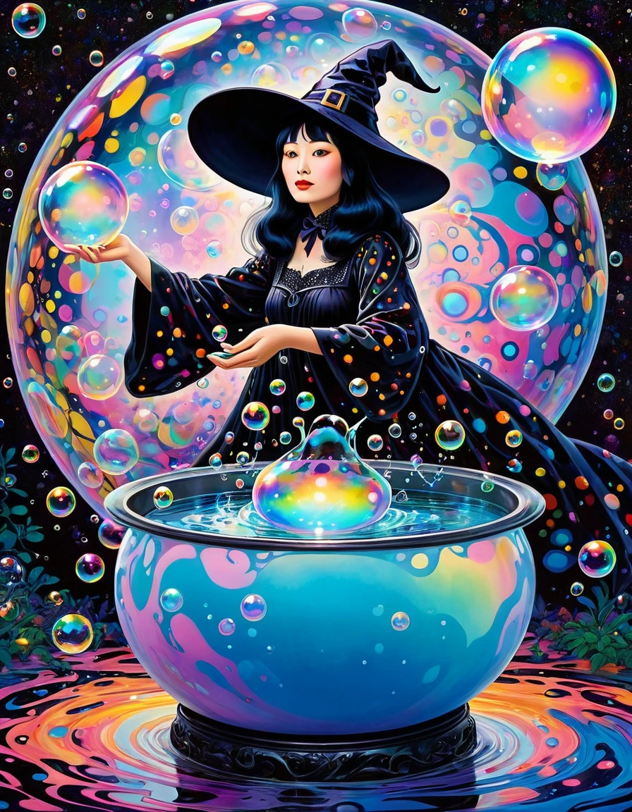 Marbling Art. magical glow soap bubble with iridescent, Reflections on Soap Bubbles with iridescent. Yayoi Kusama dressed as a witch's, Magical soap bubbles coming out of a mysterious magic cauldron of bubbling potion. Colorful Abstract Swirling background