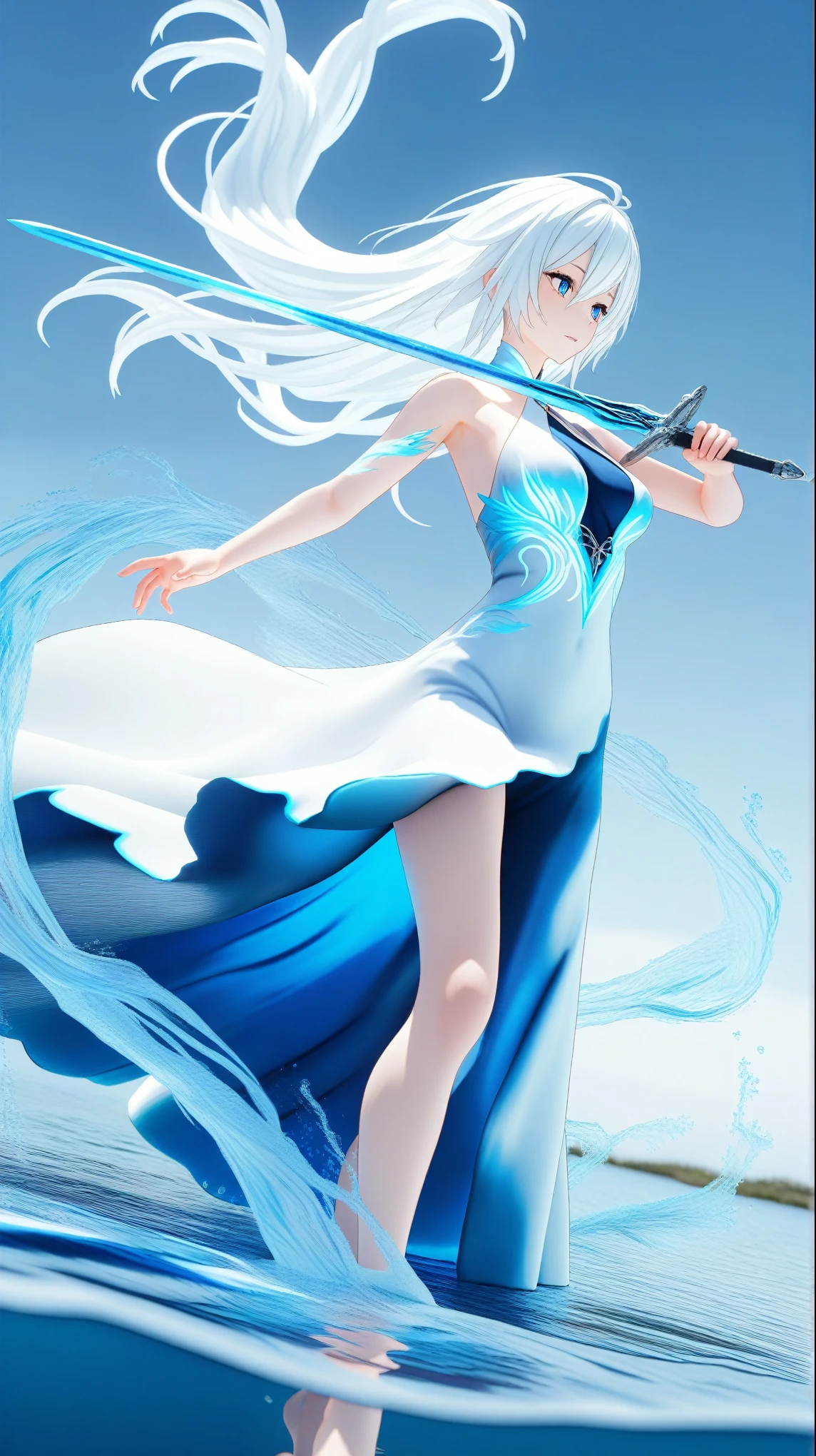 Sword girl , 1 woman, blue eye, white hair, long hair , beautiful skin, dress , holding sword, water, water, Sword at the side of the body , white phoenix dress outfit, blue water, Floating in the air, 3D render, action pose