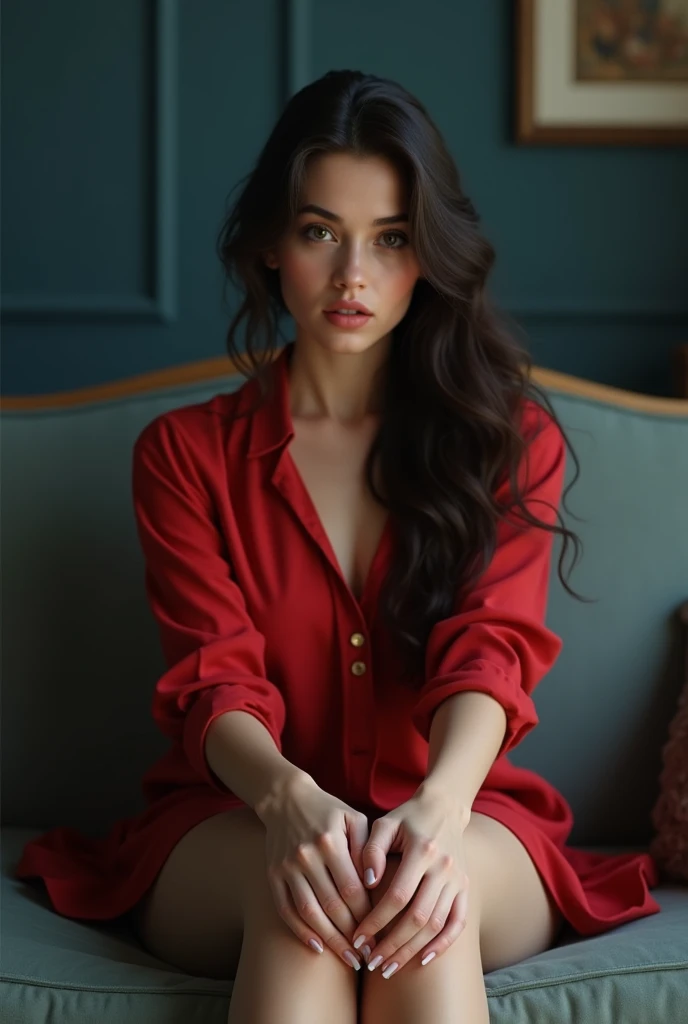 visage, long_cheveux, magnifique, Fille de la ville, clivage, occidental, chemise rouge et mini jupe , fille chaude, sitting on the sofa (Masterpiece), Best quality, High resolution, Extremely detailed, Interior background, profondeur de champ, lighting cinematic,