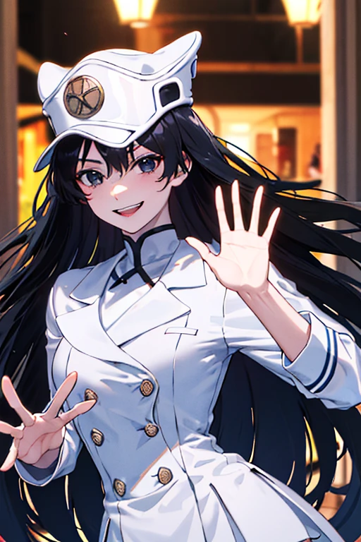 masterpiece,Black Hair,Black Eye,White Hat,  long hair , Perfect Hand , waving to viewers ,smile