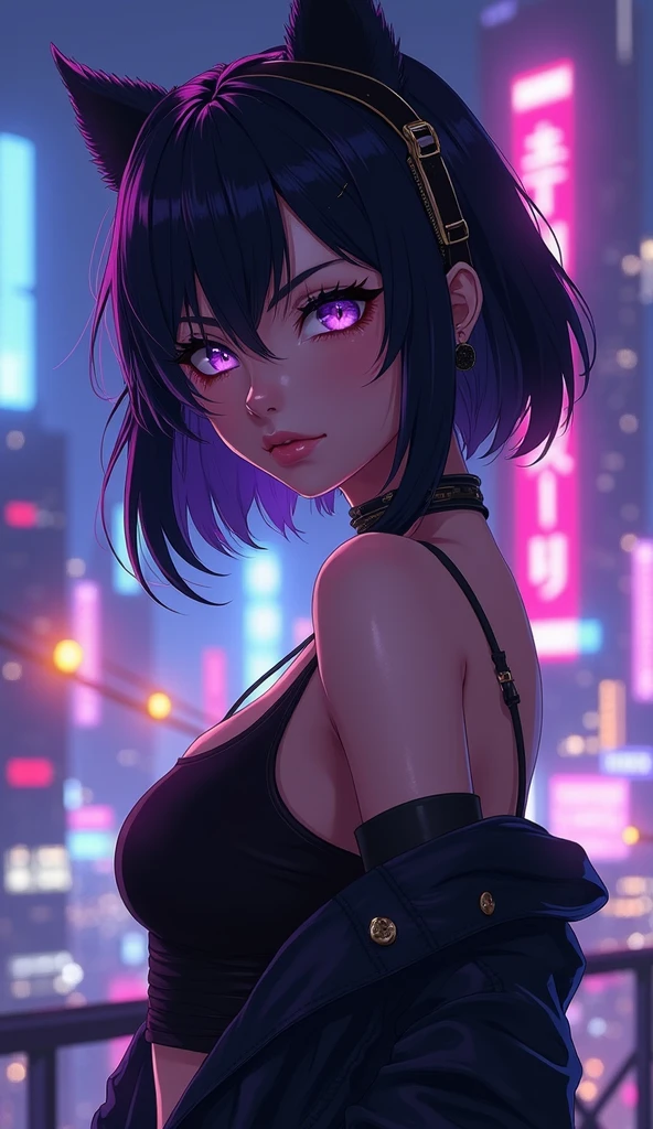 Oc Haikyuu woman, short black with purple hair, black eyes and mole under left eye