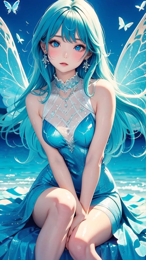 Frost Goddess,Frozen fluid,Ice World,ice,1girl,Translucent clothing,air bubble,blue butterfly,blue eyes,blue nails,breasts,Positive, character on the right, upper body, above knee level,Dynamic pose,bubble,Blue butterfly wings,butterfly wings,crystal,dress,glowing butterfly,long hair,looking at viewer,medium breasts,parted lips,solo,water