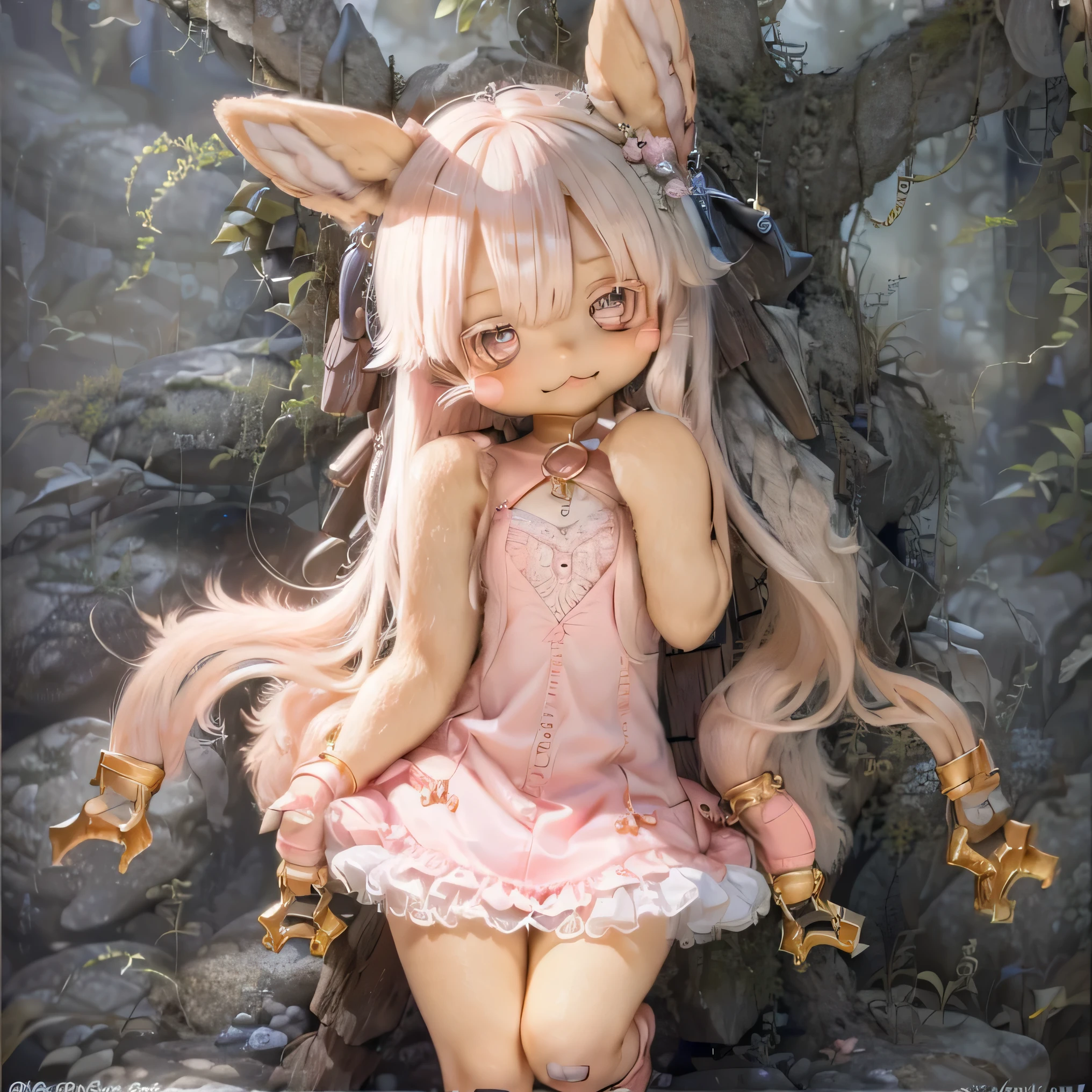 in the garden, smile, Similar to Chi from Made in Abyss.        Similar to the forest setting, it combines     , Beautiful eyes and lips.  (((chibi style,))) . The image quality is excellent, Highly detailed and realistic features. The medium of this work is、      illustrations with photorealistic rendering.. The colors are vivid、      lights create a warm and bright atmosphere         。 whole body(((((     cute pink dress     )))))Contrasting cute poses