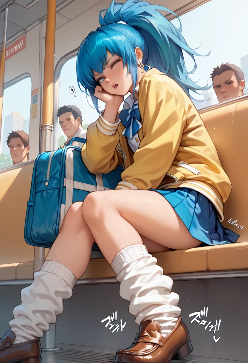 BREAK 1girl,leonakofdg,blue hair,Sweat,(Sound Effects:1.3), Gal High School Girl Uniform,super mini skirt,yellow Jacket,Shirt with a length that shows lower breasts, loose socks, Loafers, BREAK In a crowded train,