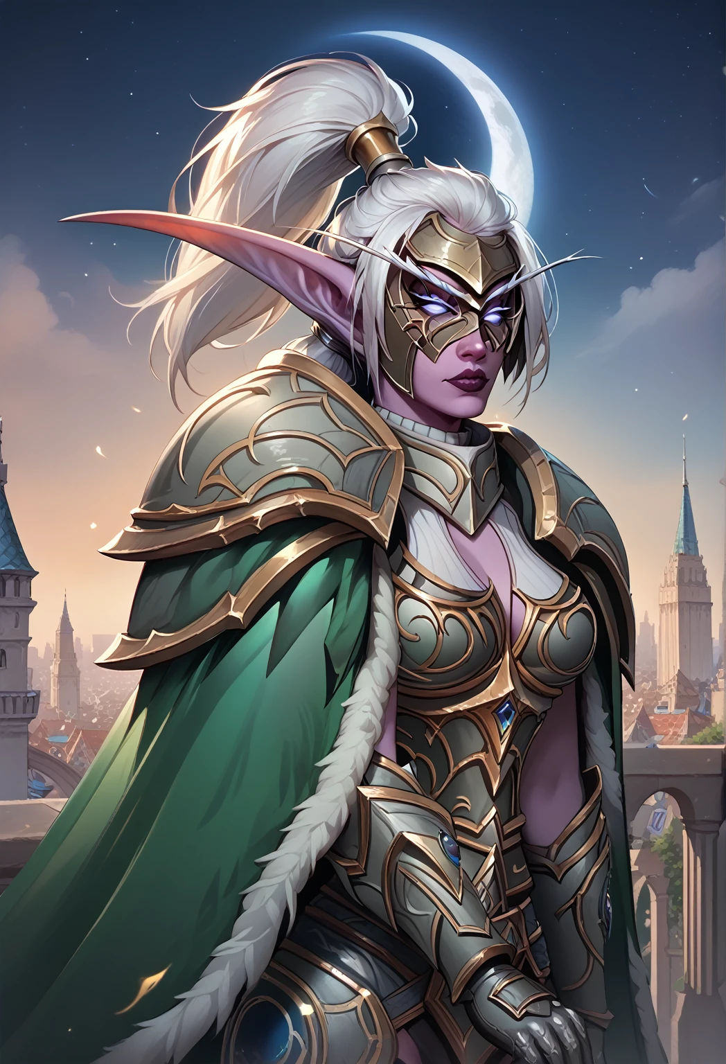 Ultra quality, 1girl, Maievxl, Night elf, white eyes, green cloak, helmet, mask, fur trim, white hair, ponytail, upper body, shoulder armor, gloves, armor, standing on top of a tower, looking at the city beneath his feet, elven style city, moon in the background, eclipse,  